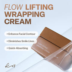 KOY Flow lifting-wrapping cream texture close-up highlights non-sticky luxury.