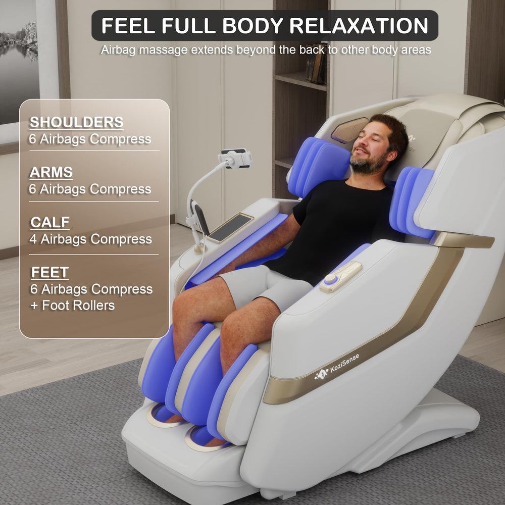 KoziSense KZ-313 full-body massage chair demonstrates comprehensive coverage.