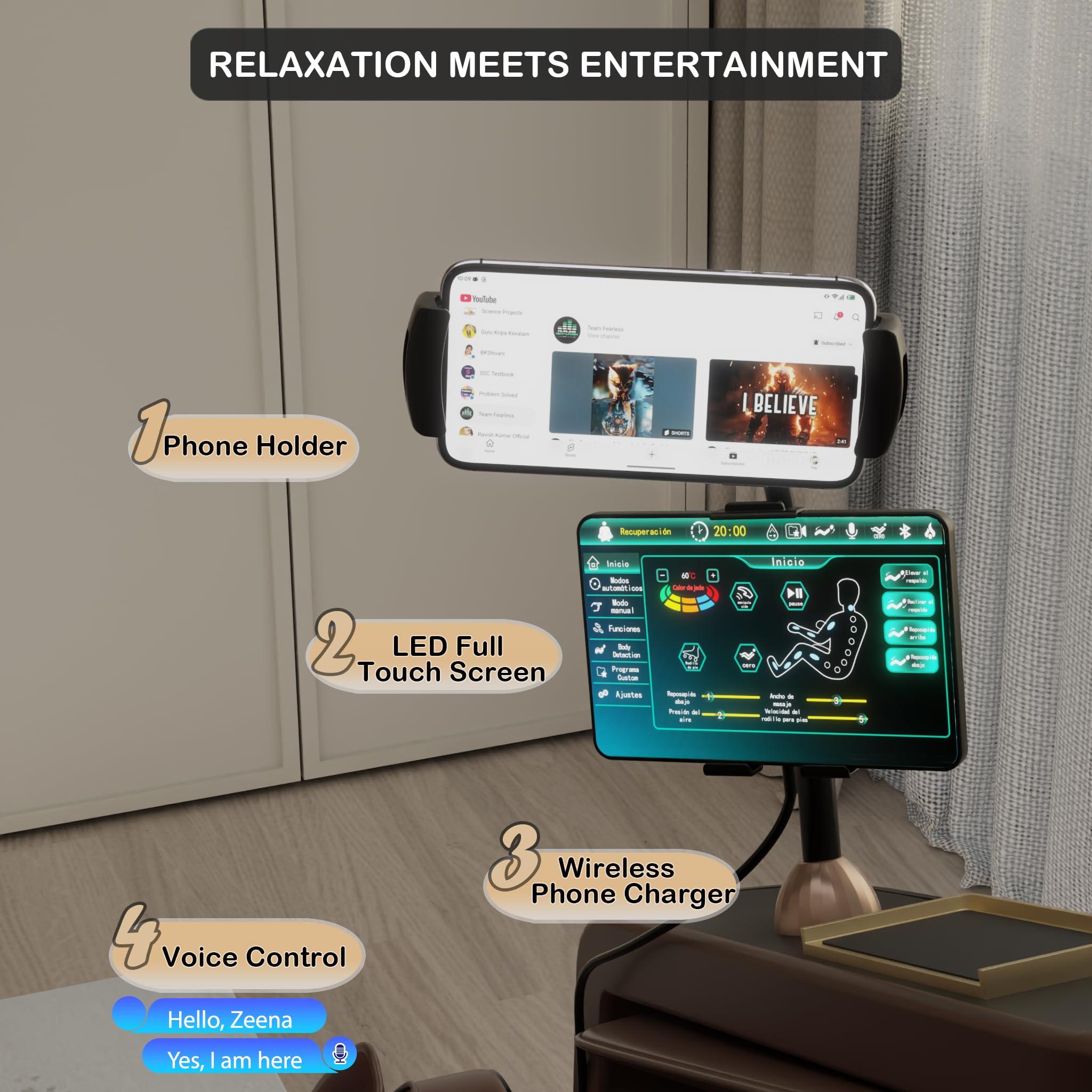 KoziSense KZ-313 voice control enables hands-free adjustments.