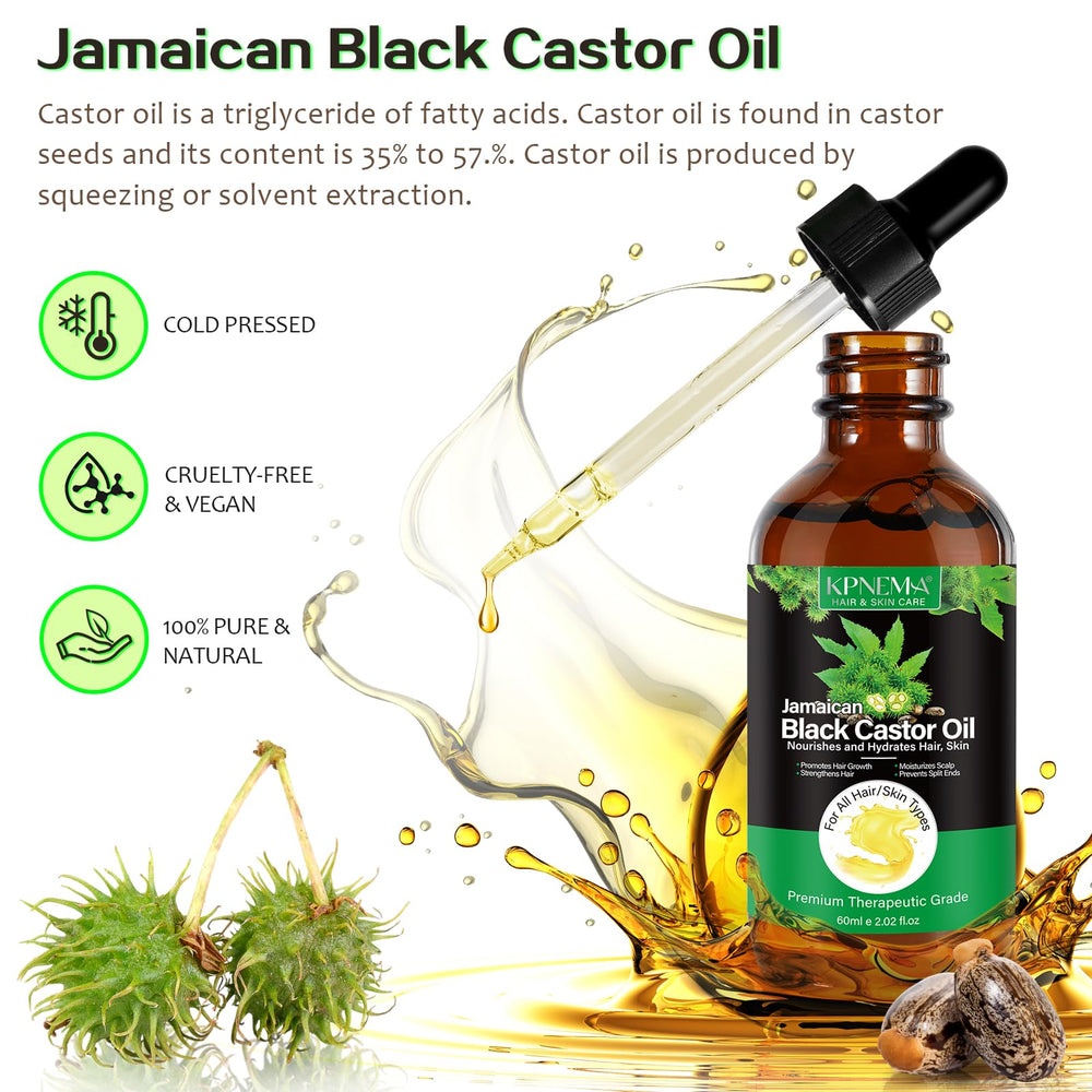 KPNEMA castor oil on scalp for deep nourishment and shine.