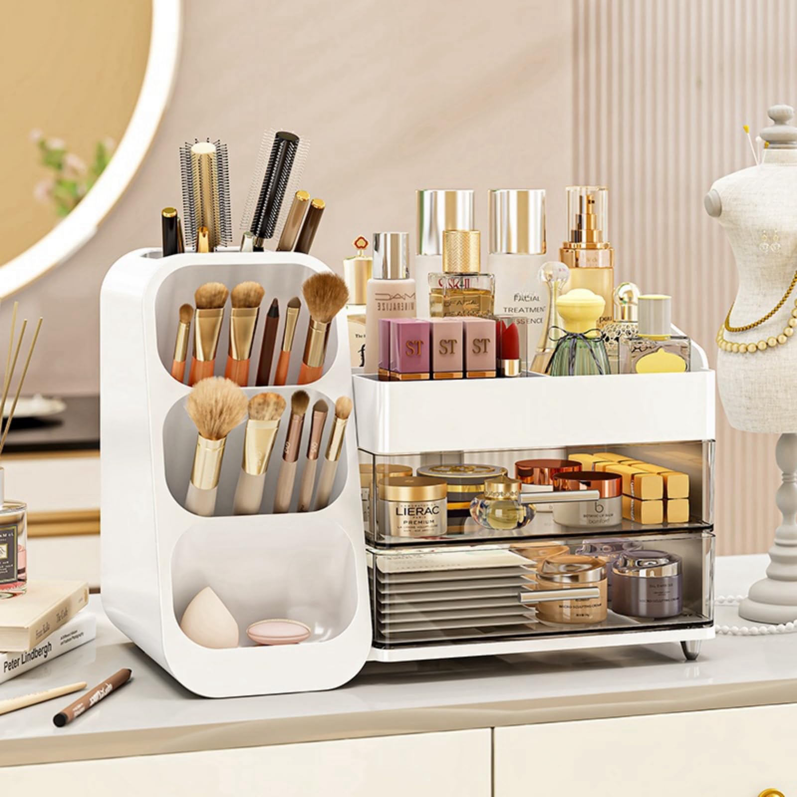 KQJS makeup organizer with drawers on white surface for easy access to cosmetics