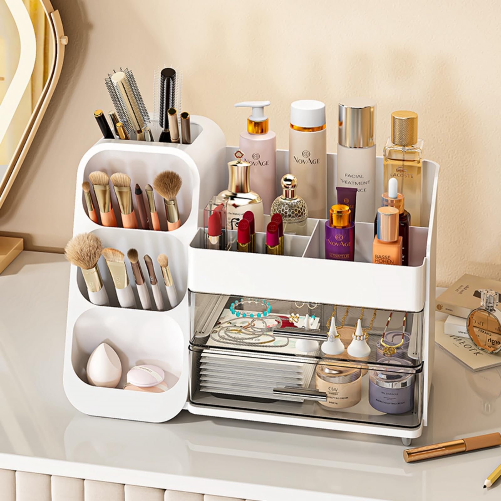 KQJS three-layer storage reveals roomy compartments for skincare and makeup