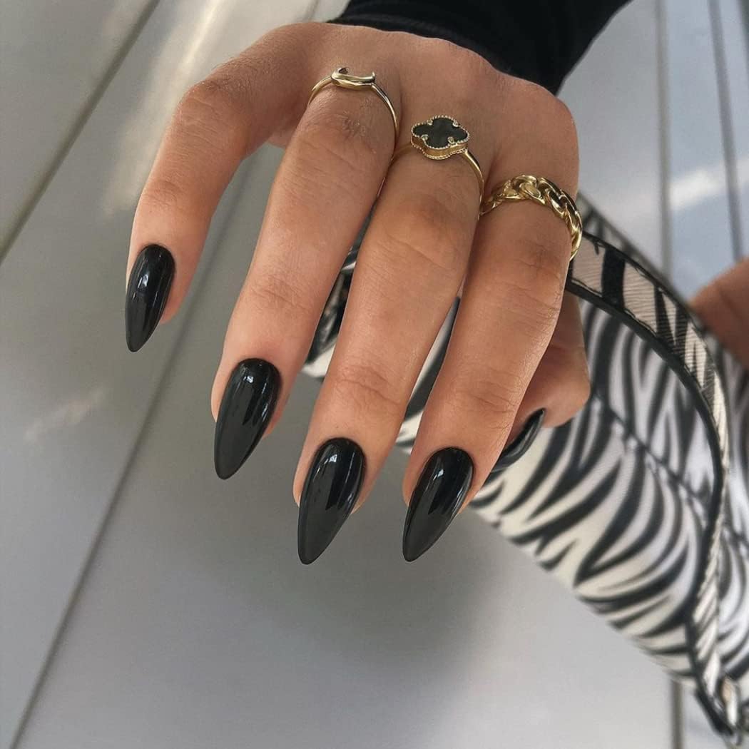 KQueenest All Black press-on nails set in medium almond stiletto for quick application