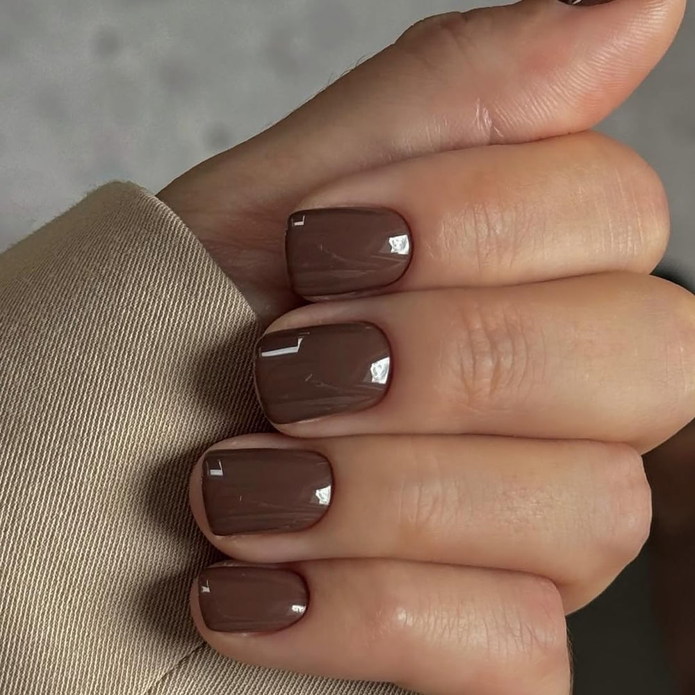 KQueenest brown press-on nails in short coffin square offer a glossy, salon-like manicure