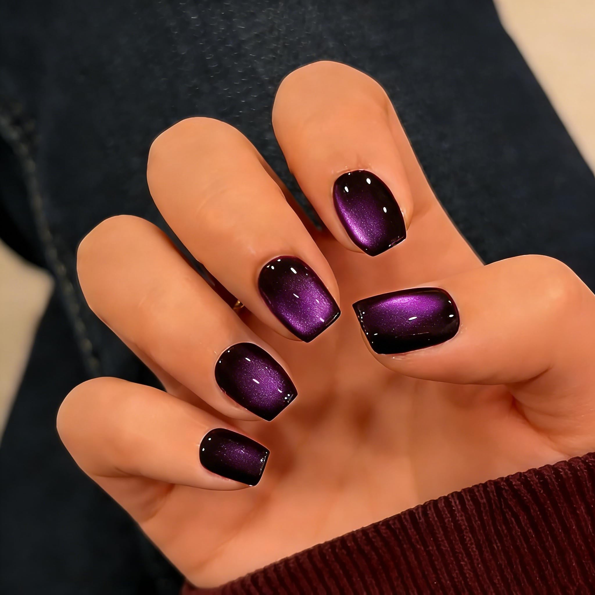 KQueenest cat eye nails short with purple glitter shine for evening wear.