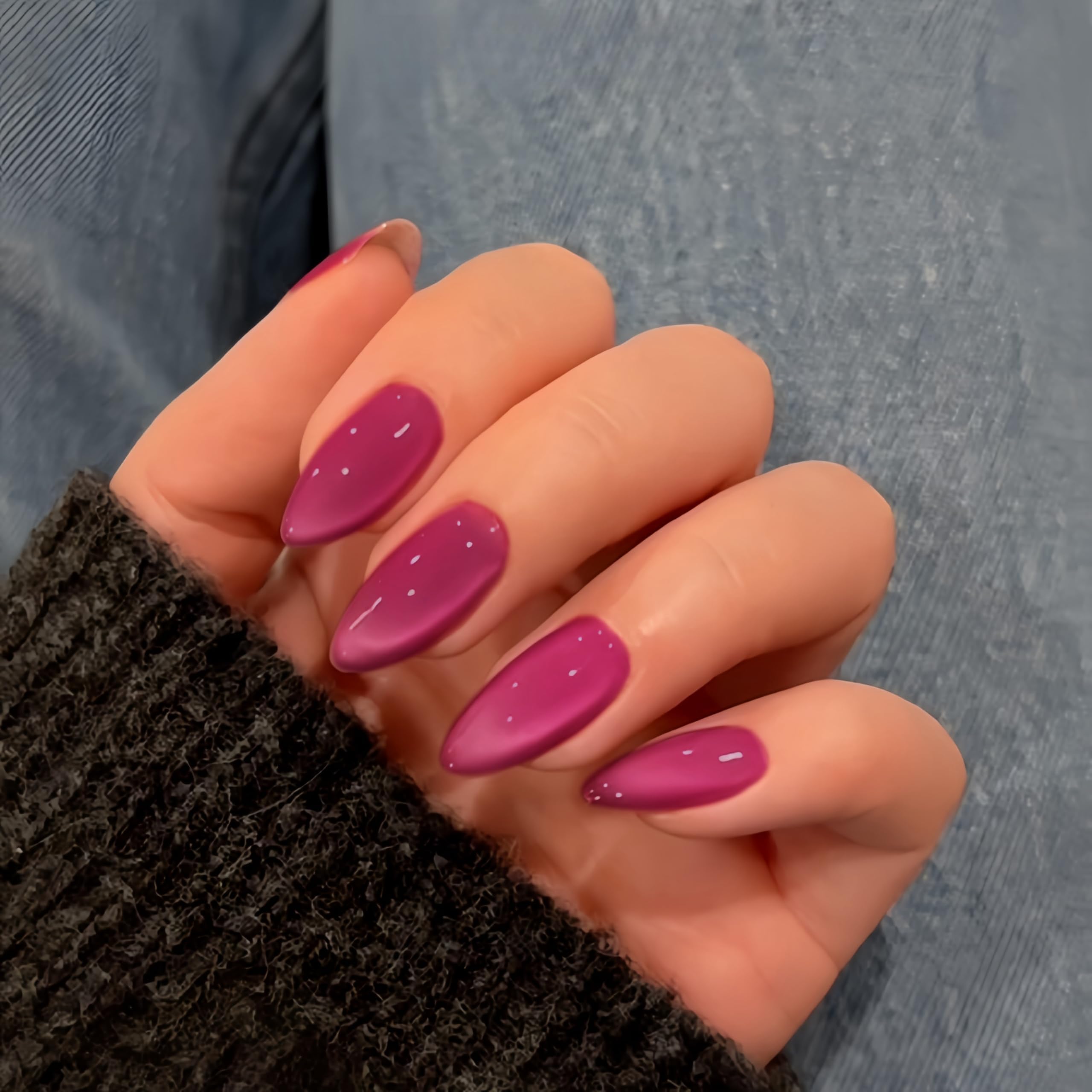 KQueenest cat eye nails violet pink almond shape with shimmering finish