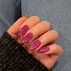 KQueenest cat eye nails violet pink almond shape with shimmering finish