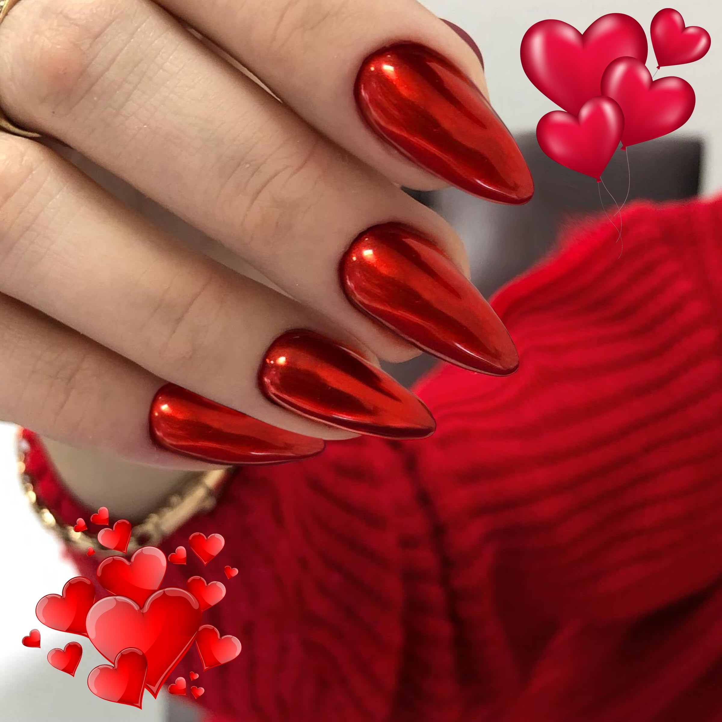 KQueenest chrome bright red press-on nails in almond shape for bold eye-catching manicure