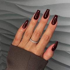 KQueenest dark red nails close-up with glossy finish for daily wear.