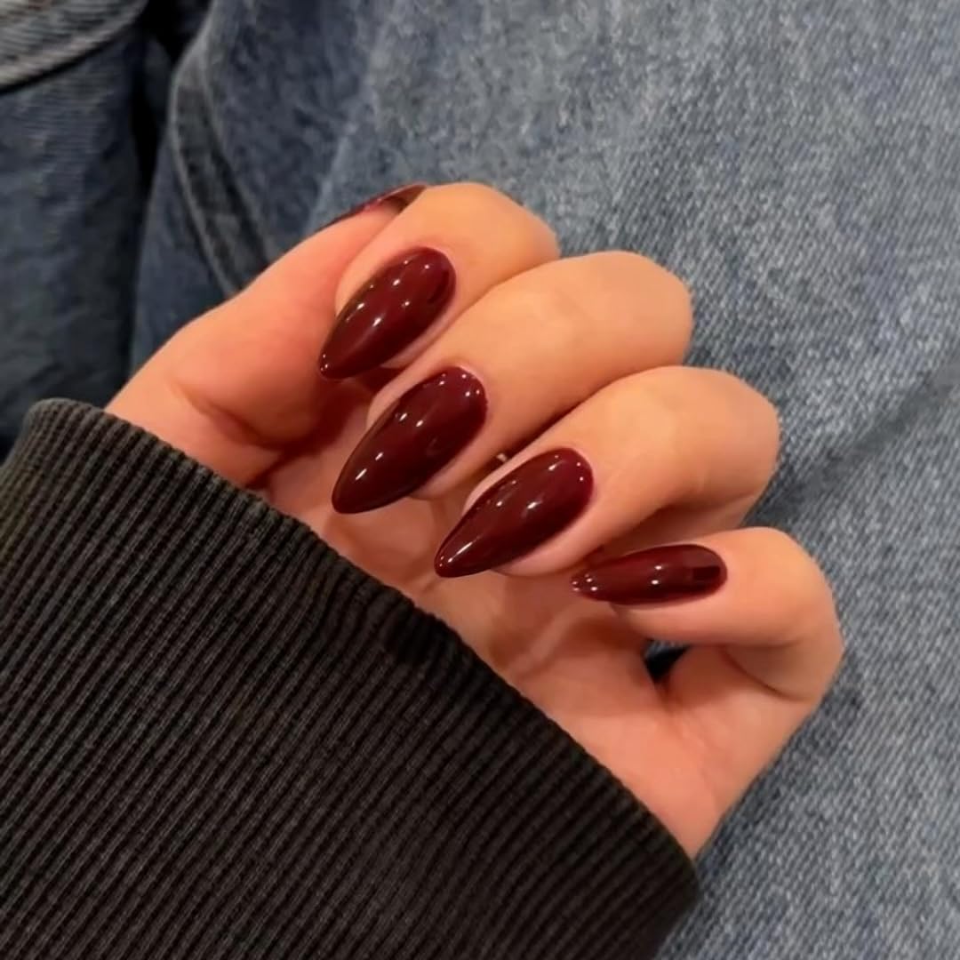 KQueenest dark red press-on nails packaging for quick manicure upgrade