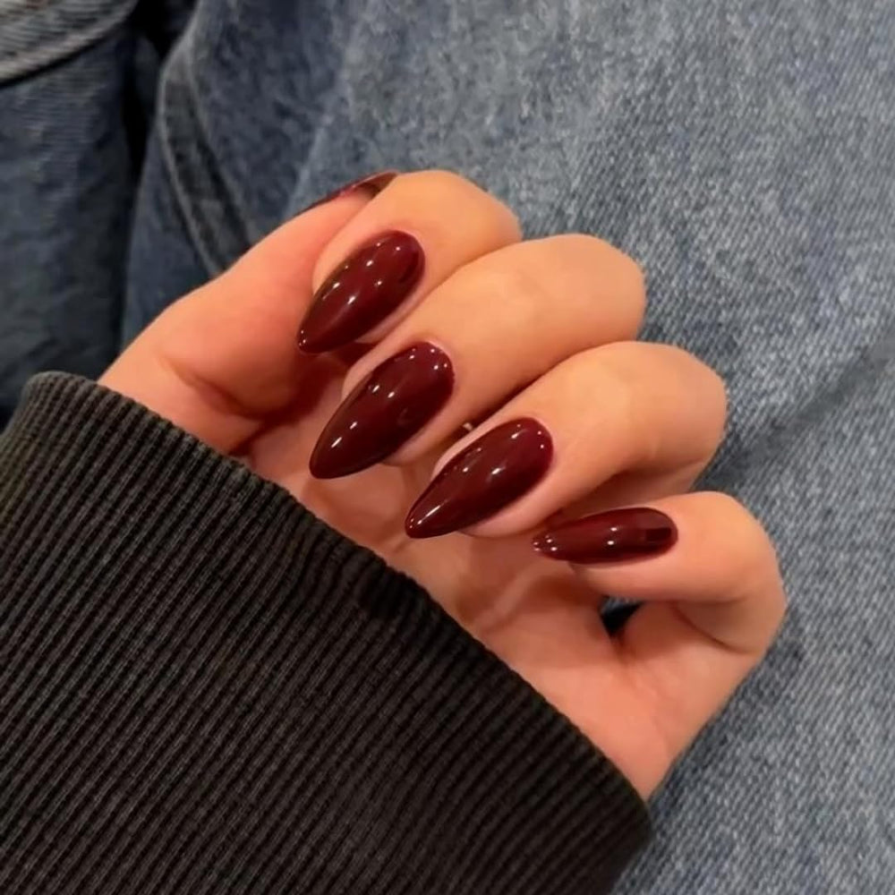 KQueenest dark red press-on nails packaging for quick manicure upgrade