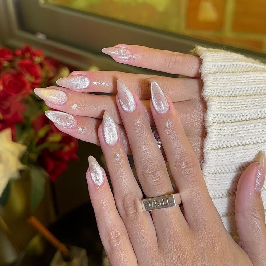 KQueenest glitter cat eye press on nails with UV coating for salon sparkle