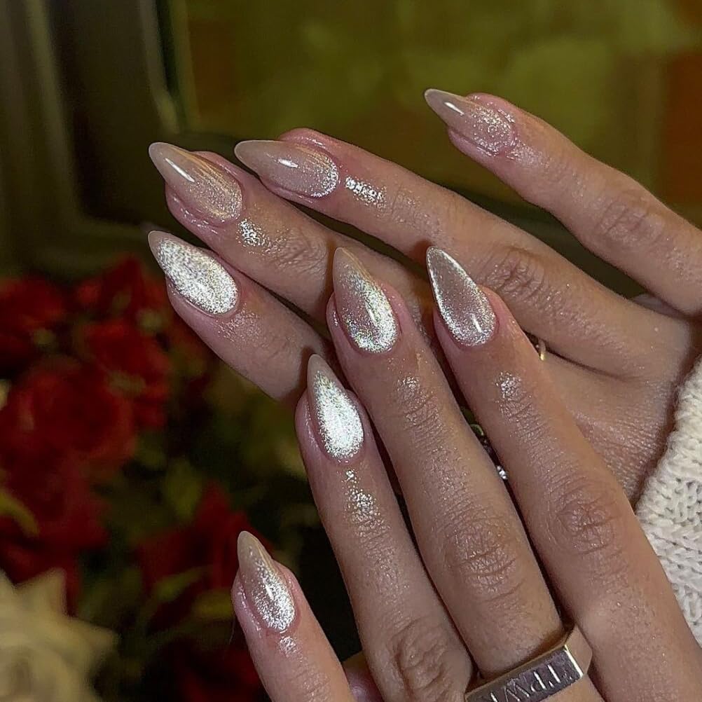 KQueenest nude sparkle cat eye nails offering versatile wear from day to night
