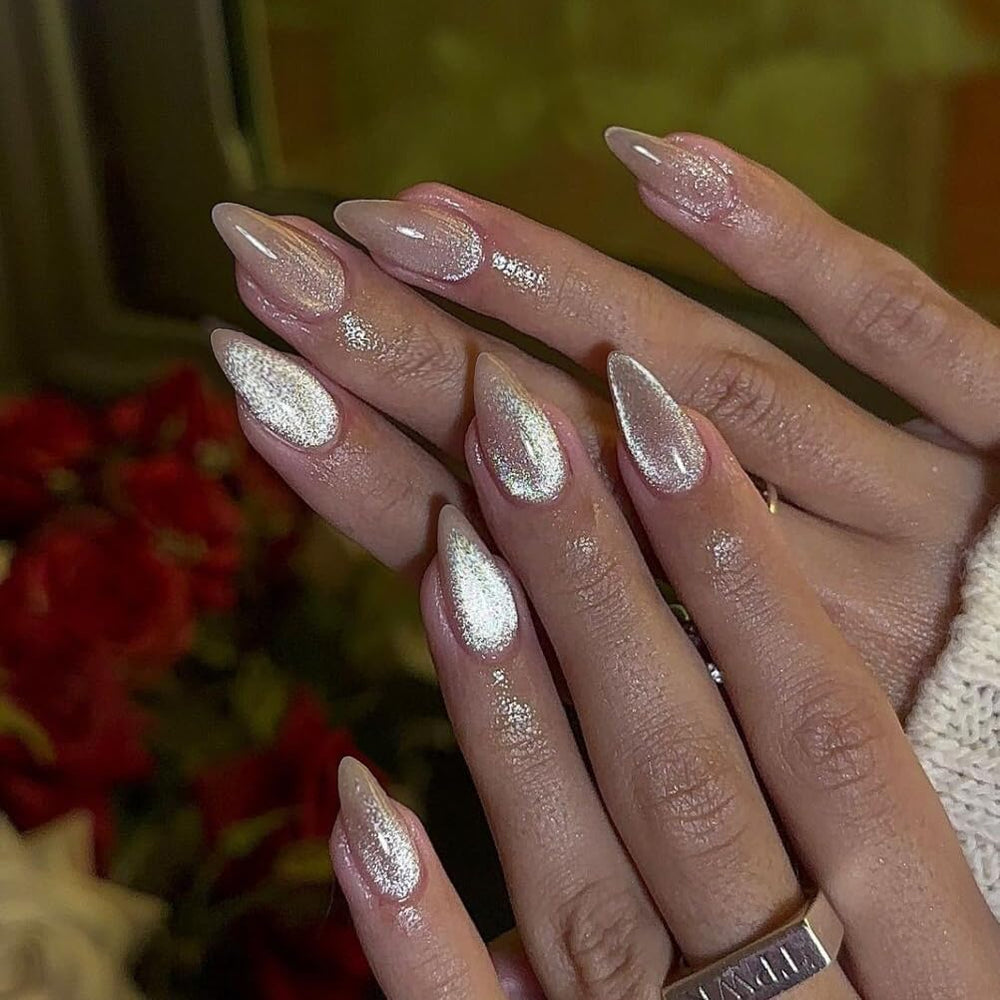 KQueenest nude sparkle cat eye nails offering versatile wear from day to night