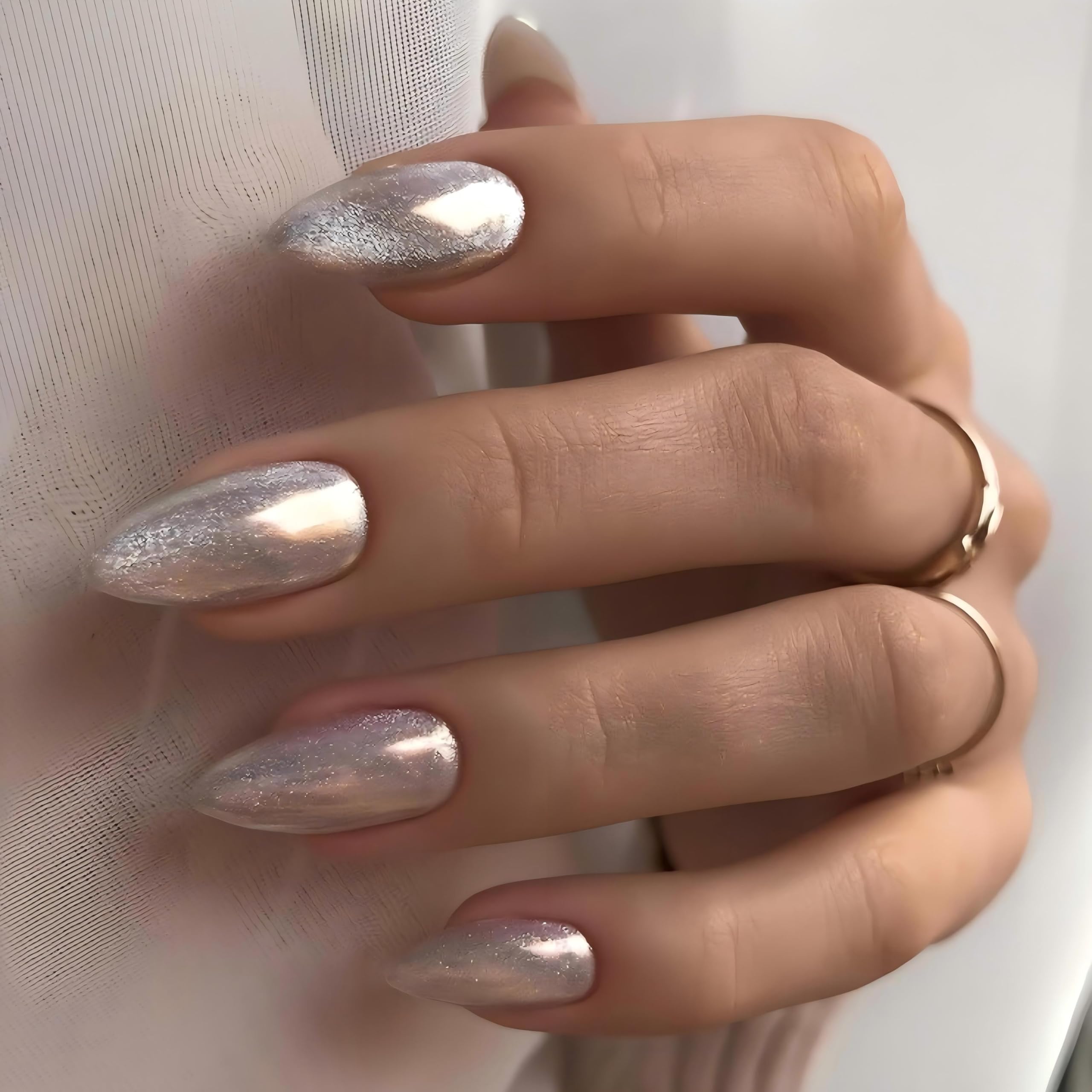 KQueenest glitter chrome nails almond close-up showing salon style shine