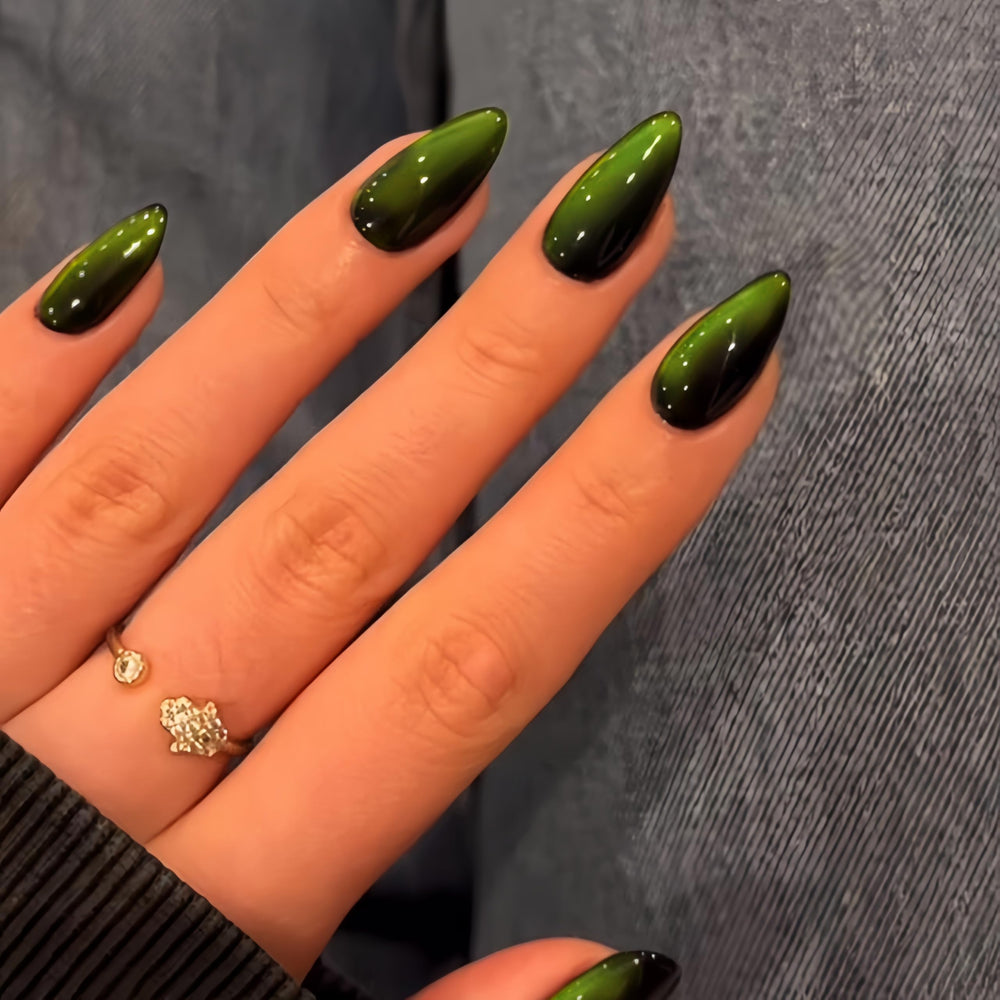 KQueenest neon green cat eye nails almond medium, lime-black color shifts in light.