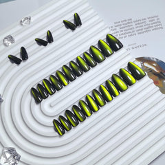 KQueenest neon green cat eye nails almond medium, flexible fit for natural wear.