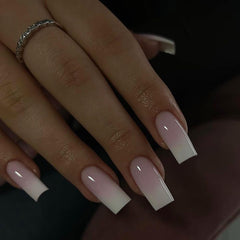 KQueenest ombre pink press-on nails with gradient French look for chic at home styling.