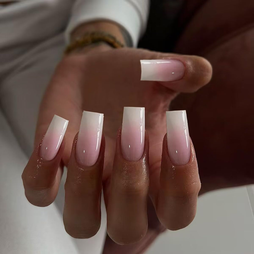 KQueenest ombre pink press-on nails with long square tips for daily wear.
