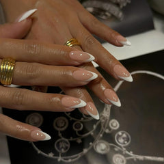KQueenest white French tip nails in short almond shape for natural look