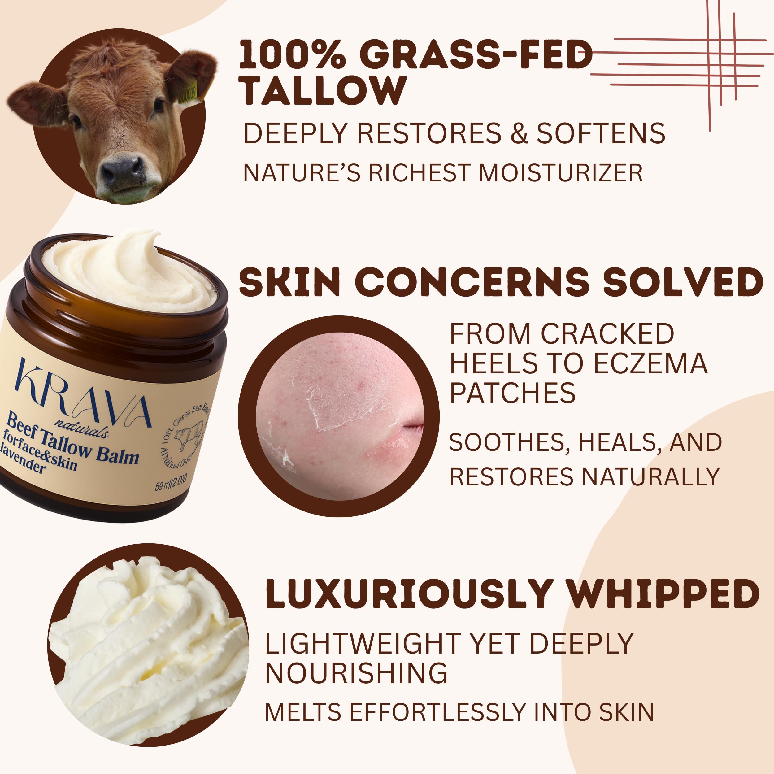 Krava Naturals whipped tallow balm application shows a fluffy smoothing texture.