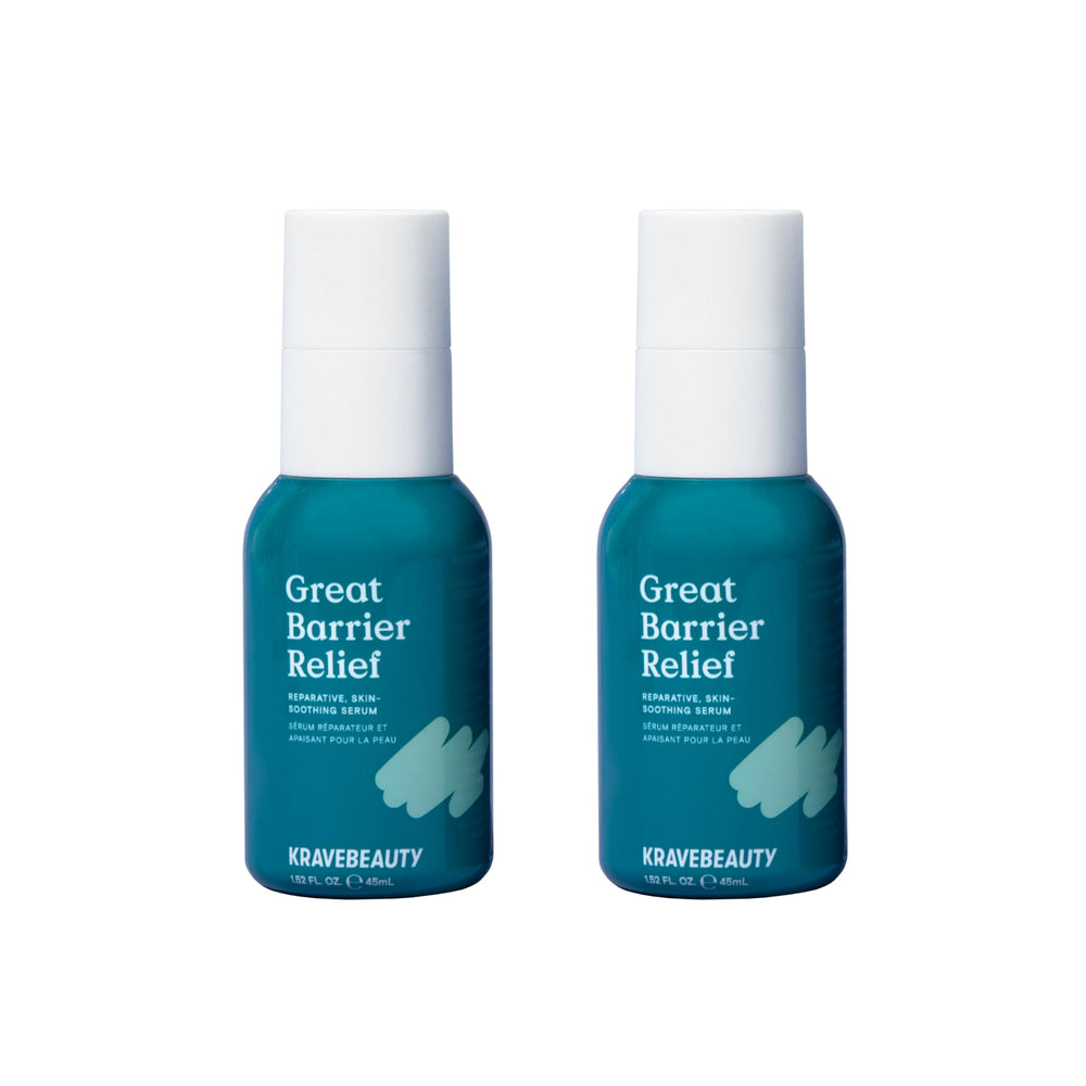 KraveBeauty Great Barrier Relief Serum Duo bottles shown for soothing redness and hydration.
