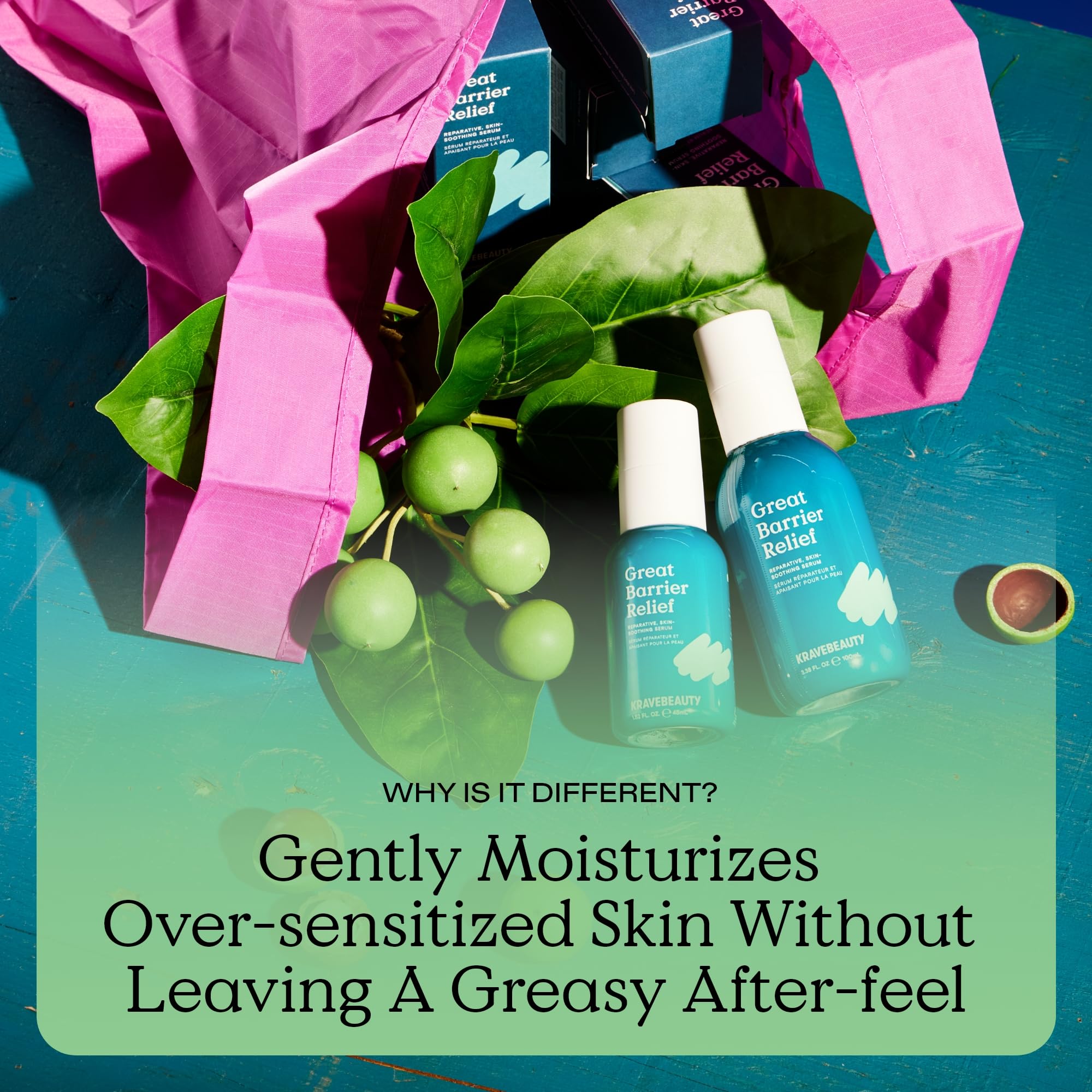 Creamy Great Barrier Relief serum massaged into skin for calm and balance.