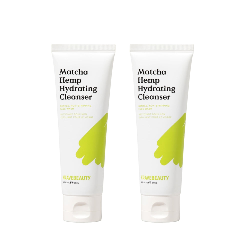 KraveBeauty Matcha Hemp Hydrating Cleanser Duo bottles for daily, gentle cleansing.