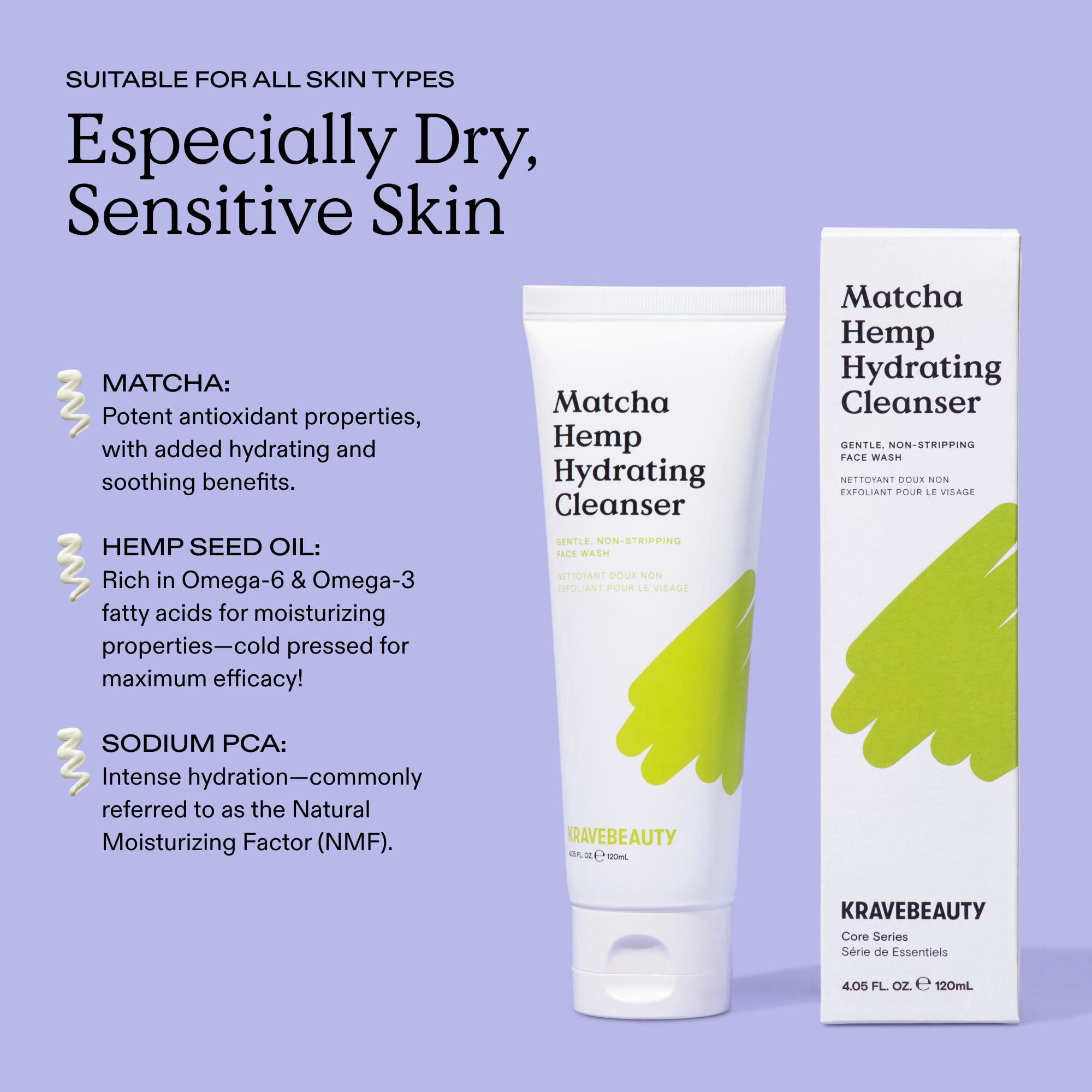 Damp-skin application illustrates gentle, hydrating cleanse benefits.