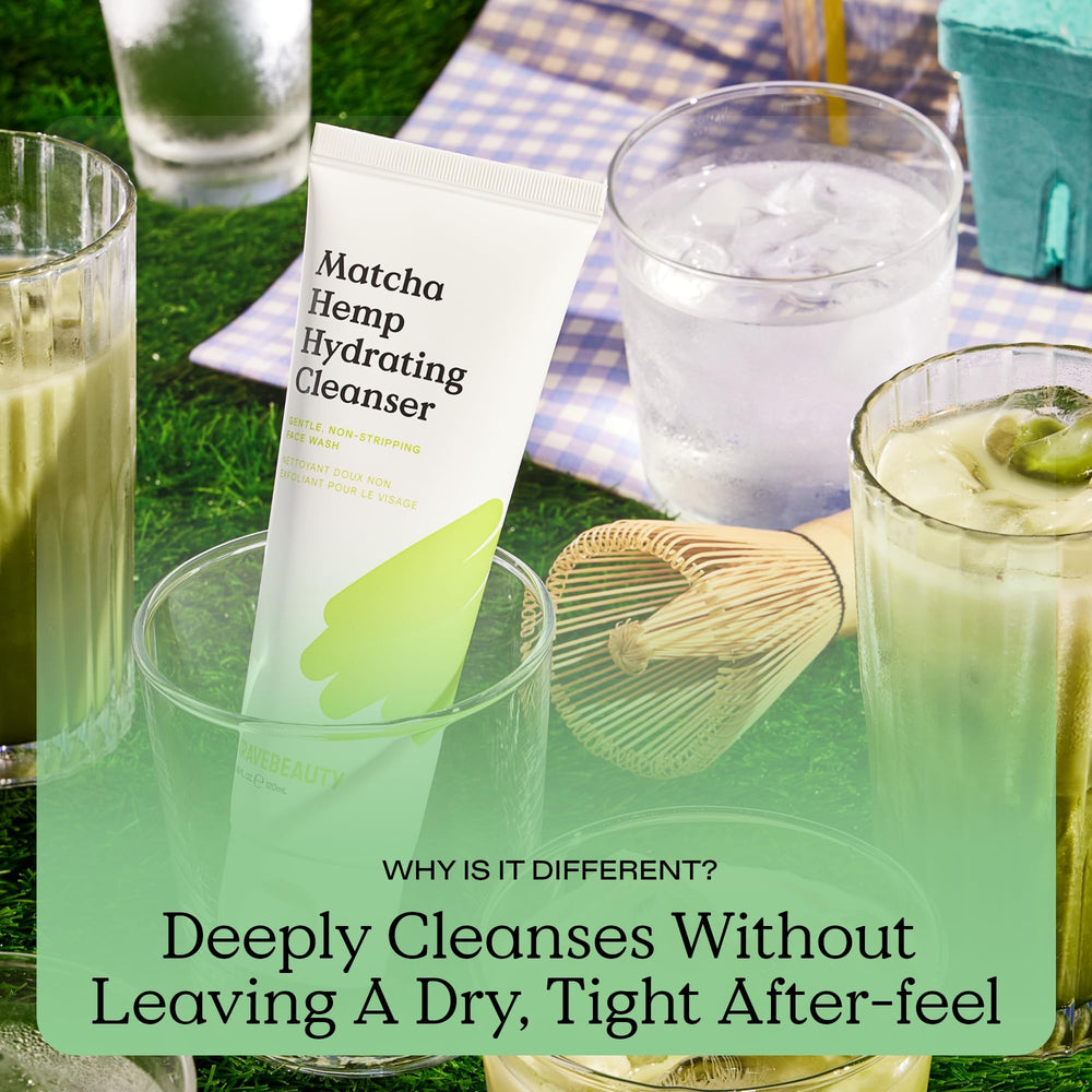 Rinsing action demonstrates non-stripping cleanse on damp skin.