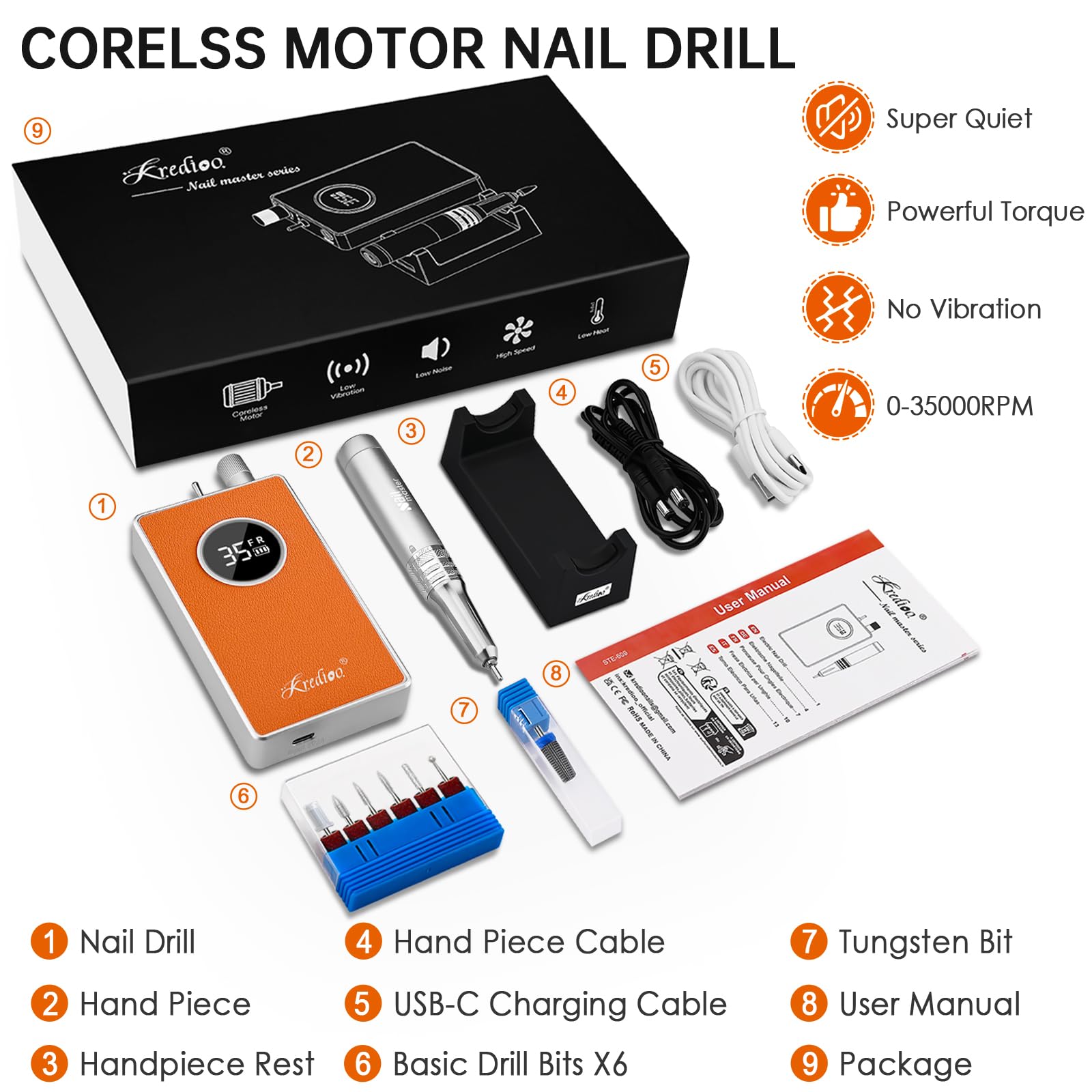 Kredioo Nail Drill portable battery supports cordless sessions up to eight hours.