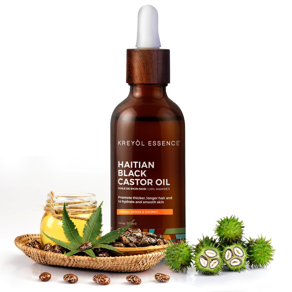 Close-up of the glass bottle highlights cold-pressed, hexane-free formula from Kreyol Essence.