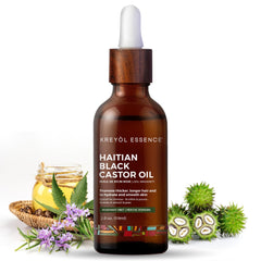 Kreyol Essence Haitian Black Castor Oil in glass bottle promotes scalp nourishment and shine.