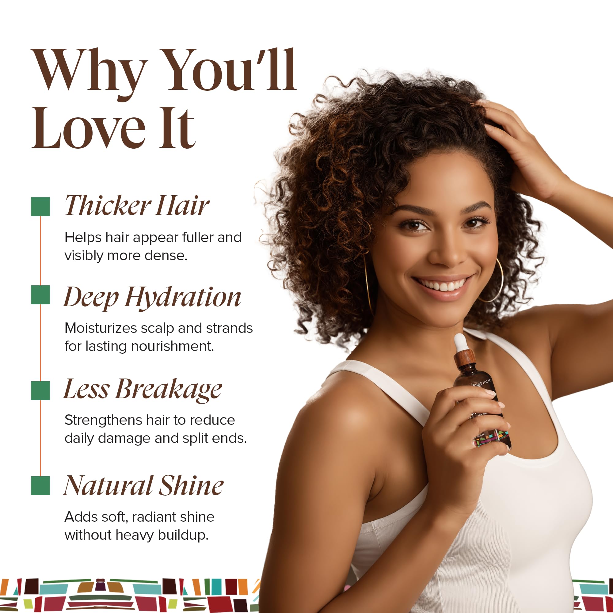 Papaya oil visual suggests skin calming and even tone benefits with hair shine.