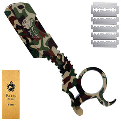 Krisp Beauty green camo straight razor with ergonomic grip for precise, comfortable shaving.