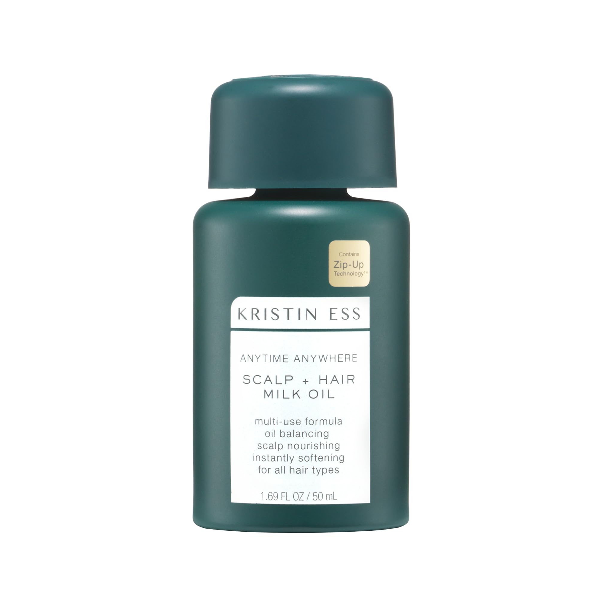 Kristin Ess Anytime Anywhere Scalp and Hair Milk Oil bottle pouring for hydrated scalp.