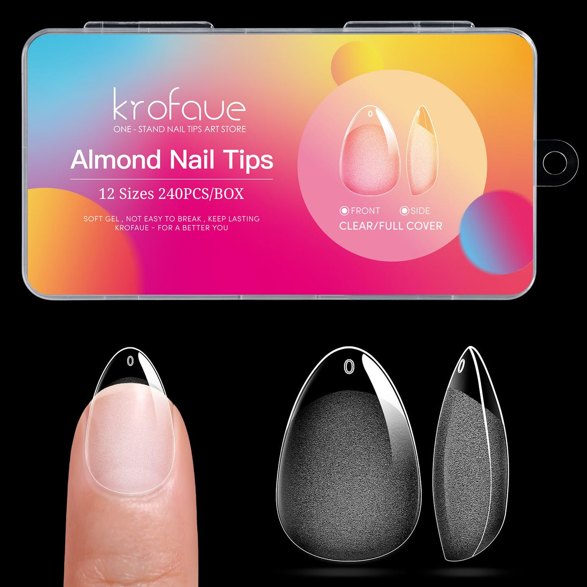 Krofaue Almond Nail Tips half-matte closeup for natural-looking extensions