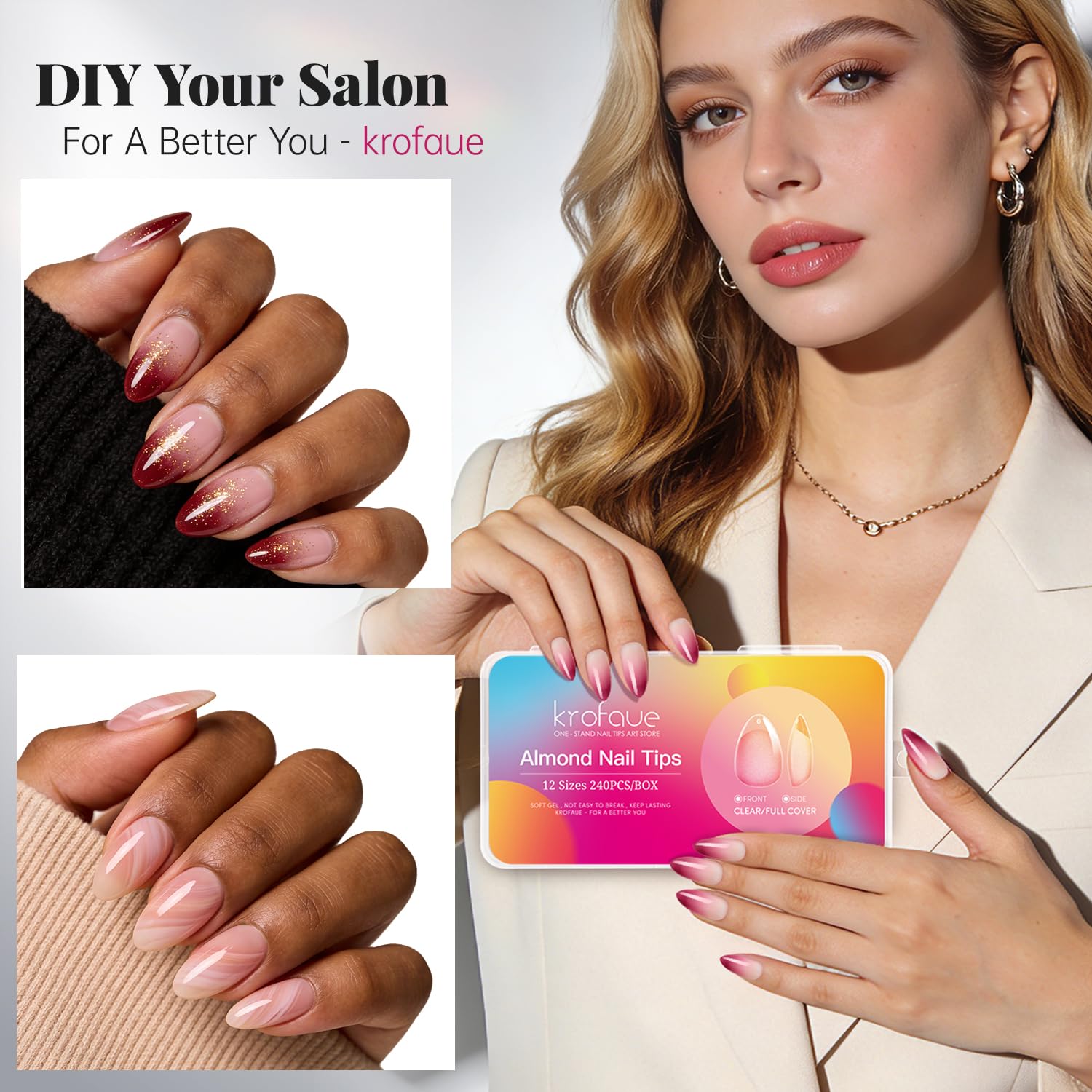 Krofaue Almond Nail Tips half-matte tone for natural feel