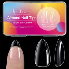 krofaue almond nails tips front pack showing 12 sizes for quick, precise fit