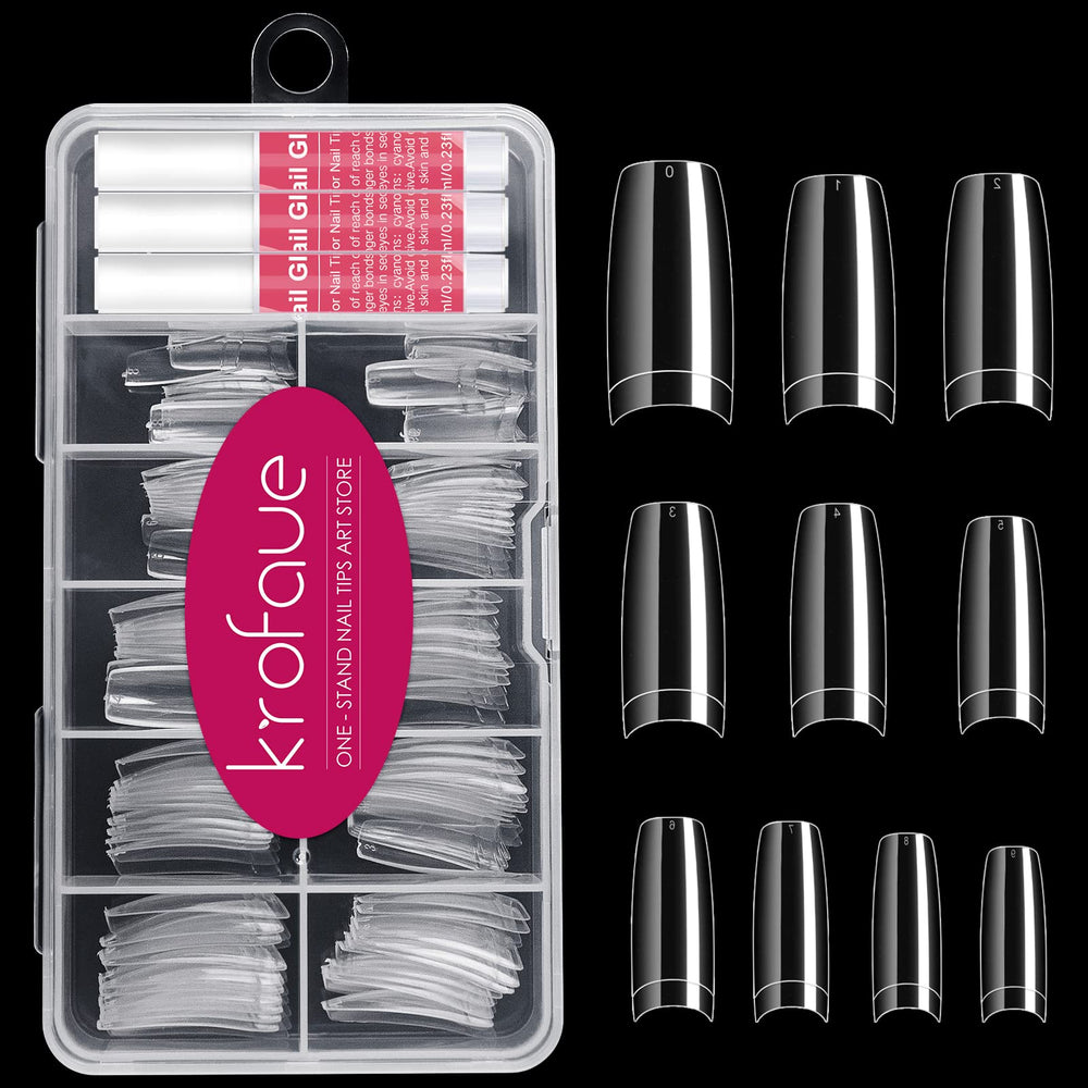 Krofaue clear nail tips with 10 sizes for precise fit at home or salon.