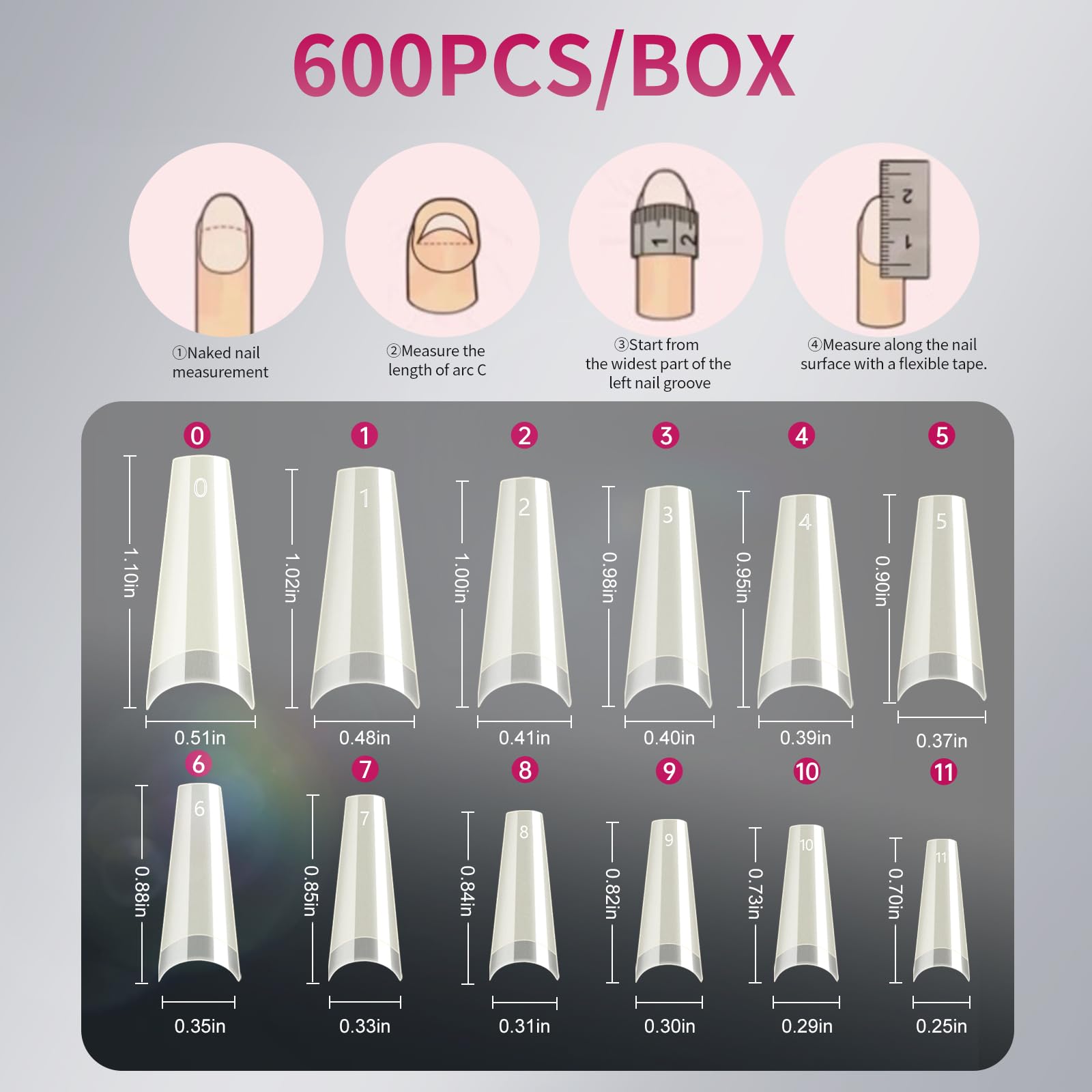 Krofaue coffin half-cover nail tips with 12 sizes numbered for precise fit.