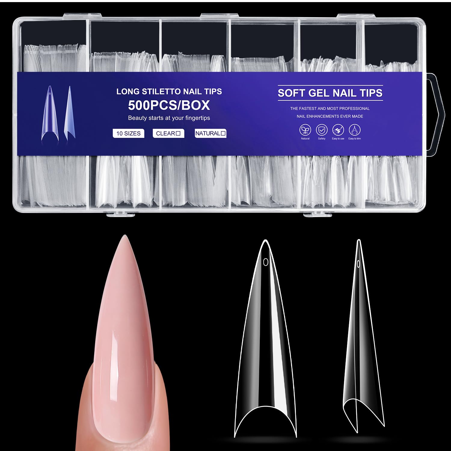 Krofaue extra long stiletto nail tips in clear box for durable DIY nails