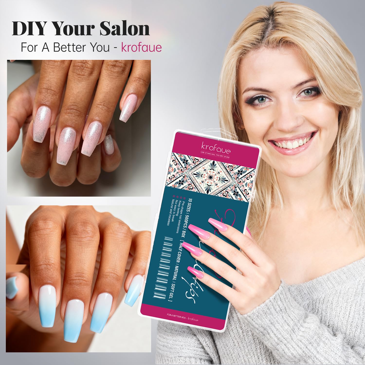 Krofaue flexible nail tip material stays true under glue and topcoat