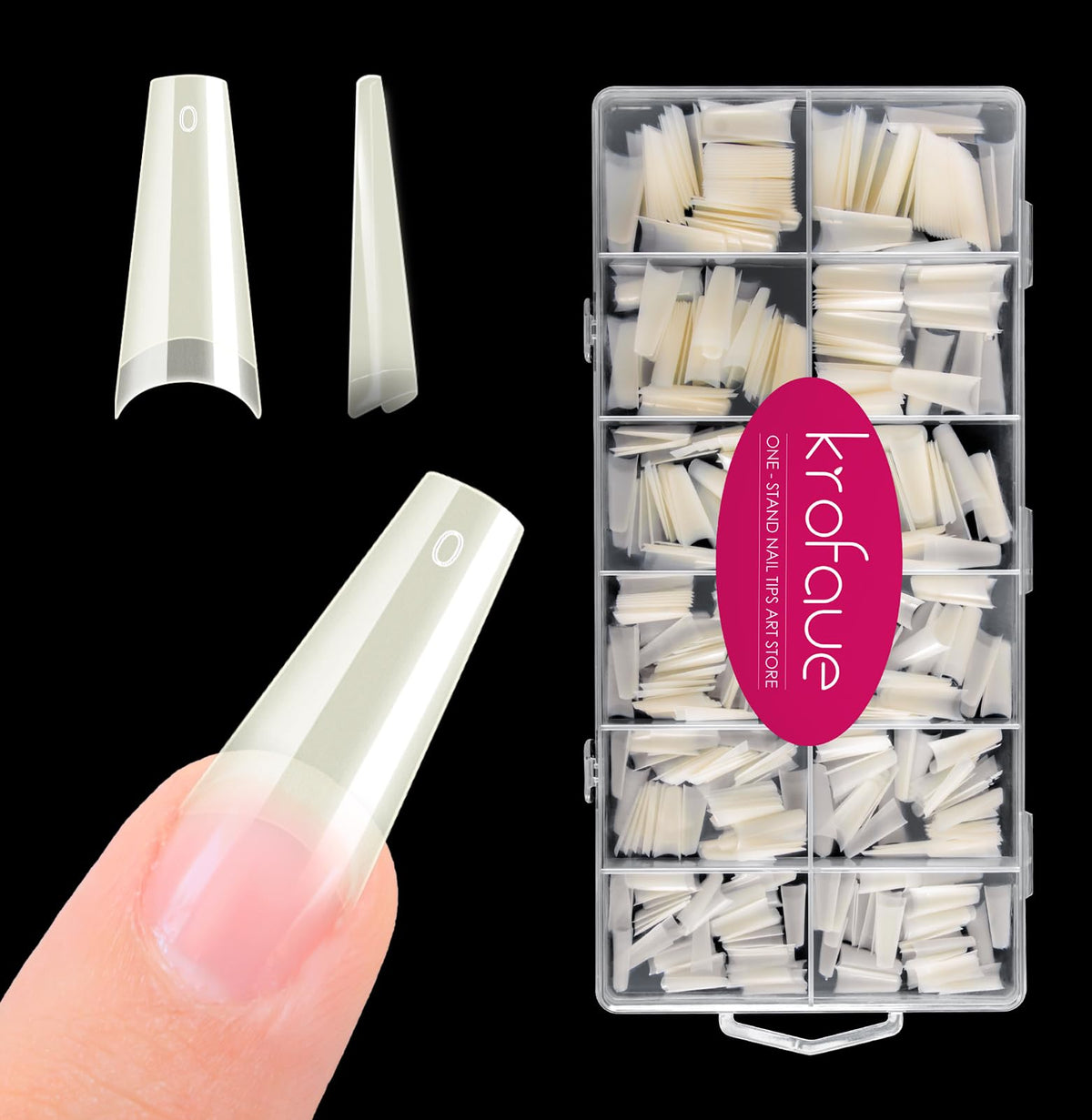 Krofaue natural acrylic nail tips square 600pcs in box for salon and DIY use.