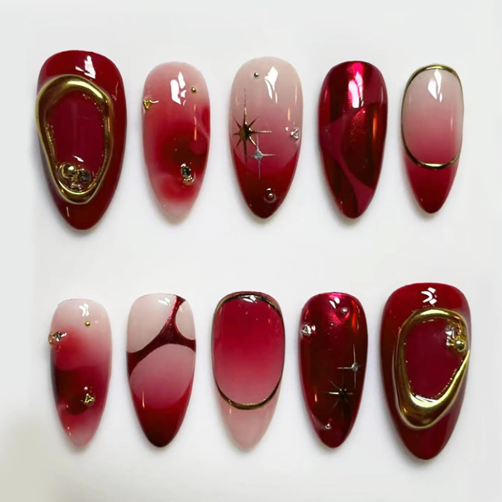 KRTBKR ombre red press-on nails pack with 30 pieces.