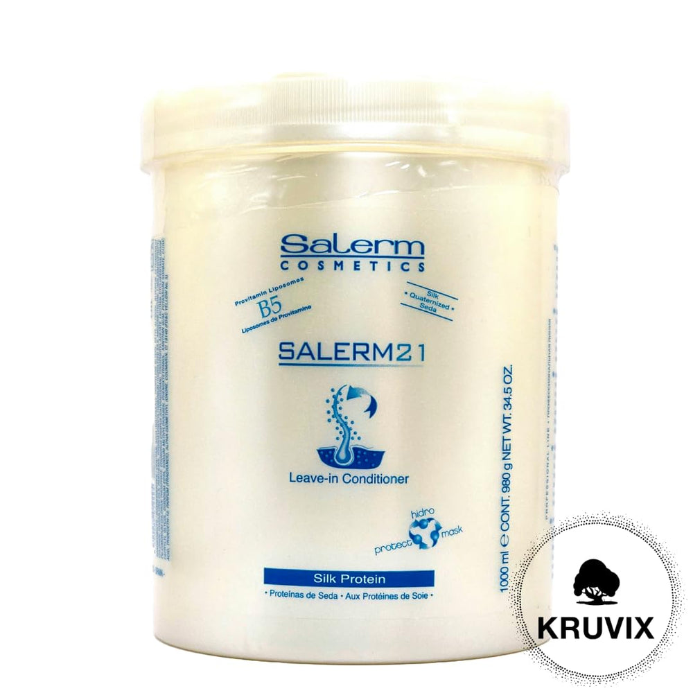 Kruvix Salerm 21 leave-in conditioner bottle showing silk protein power for smooth hair.