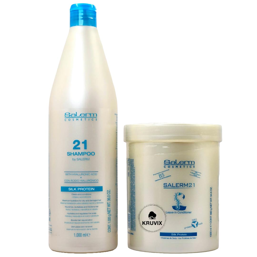 Kruvix Salerm 21 shampoo bottle highlighting silk proteins for shine and gentle cleansing.