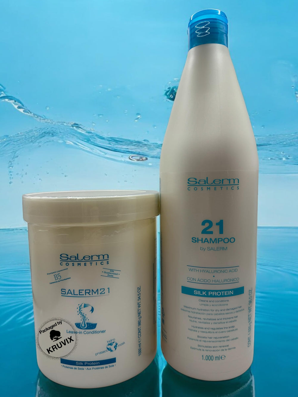 Kruvix Salerm 21 shampoo front label emphasizing deep hydration benefits.