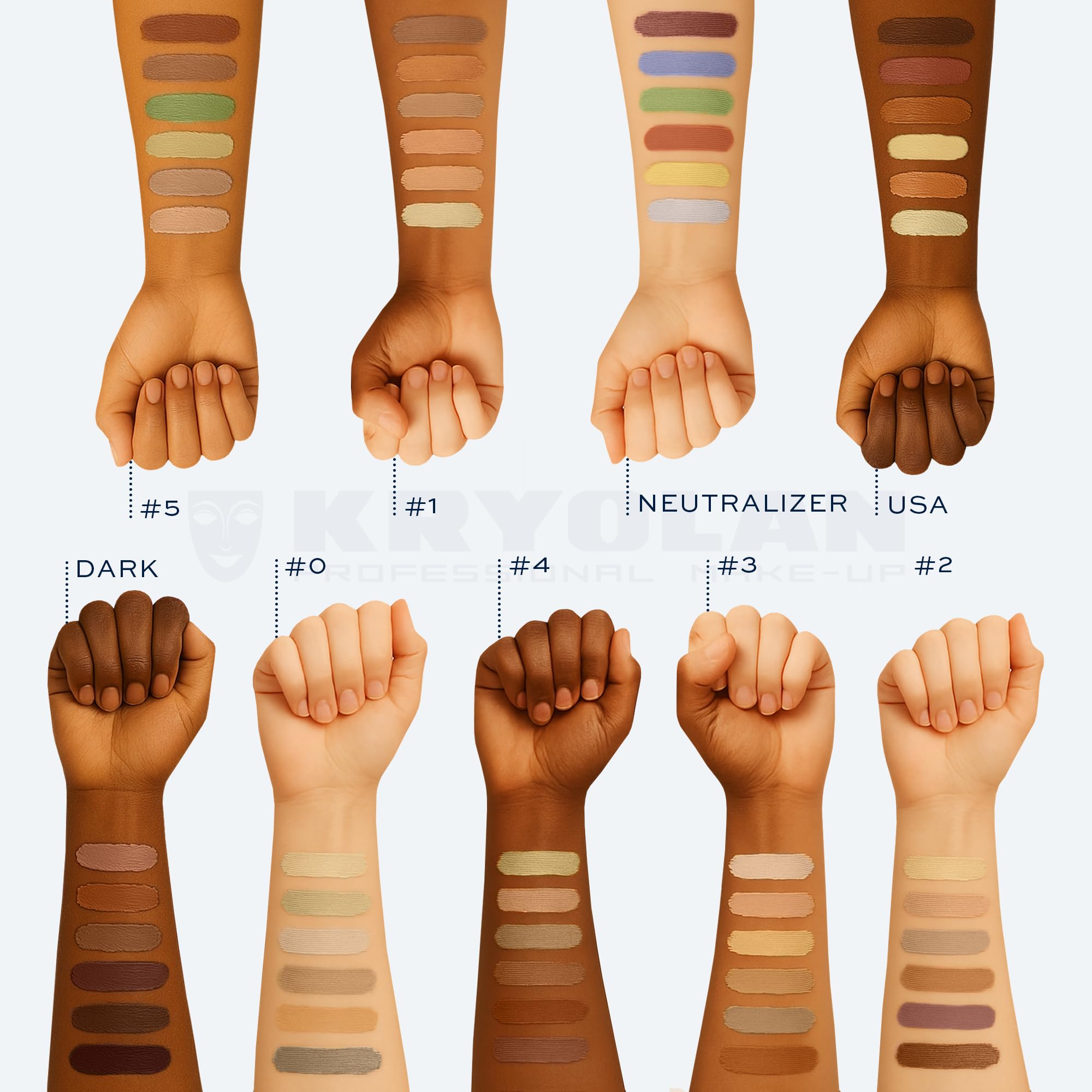 Kryolan Concealer Circle swatches demonstrate inclusive shades for precise skin tone matching.