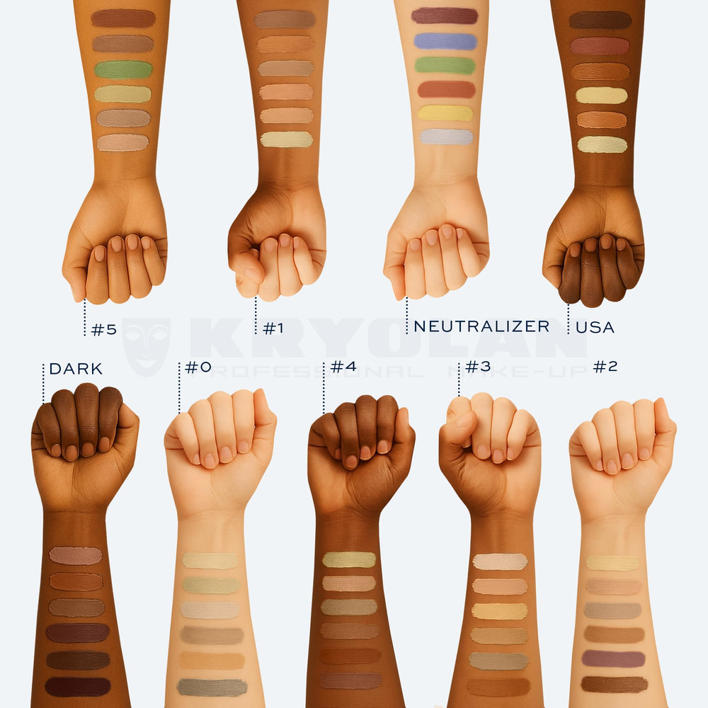 Kryolan Concealer Circle swatches demonstrate inclusive shades for precise skin tone matching.